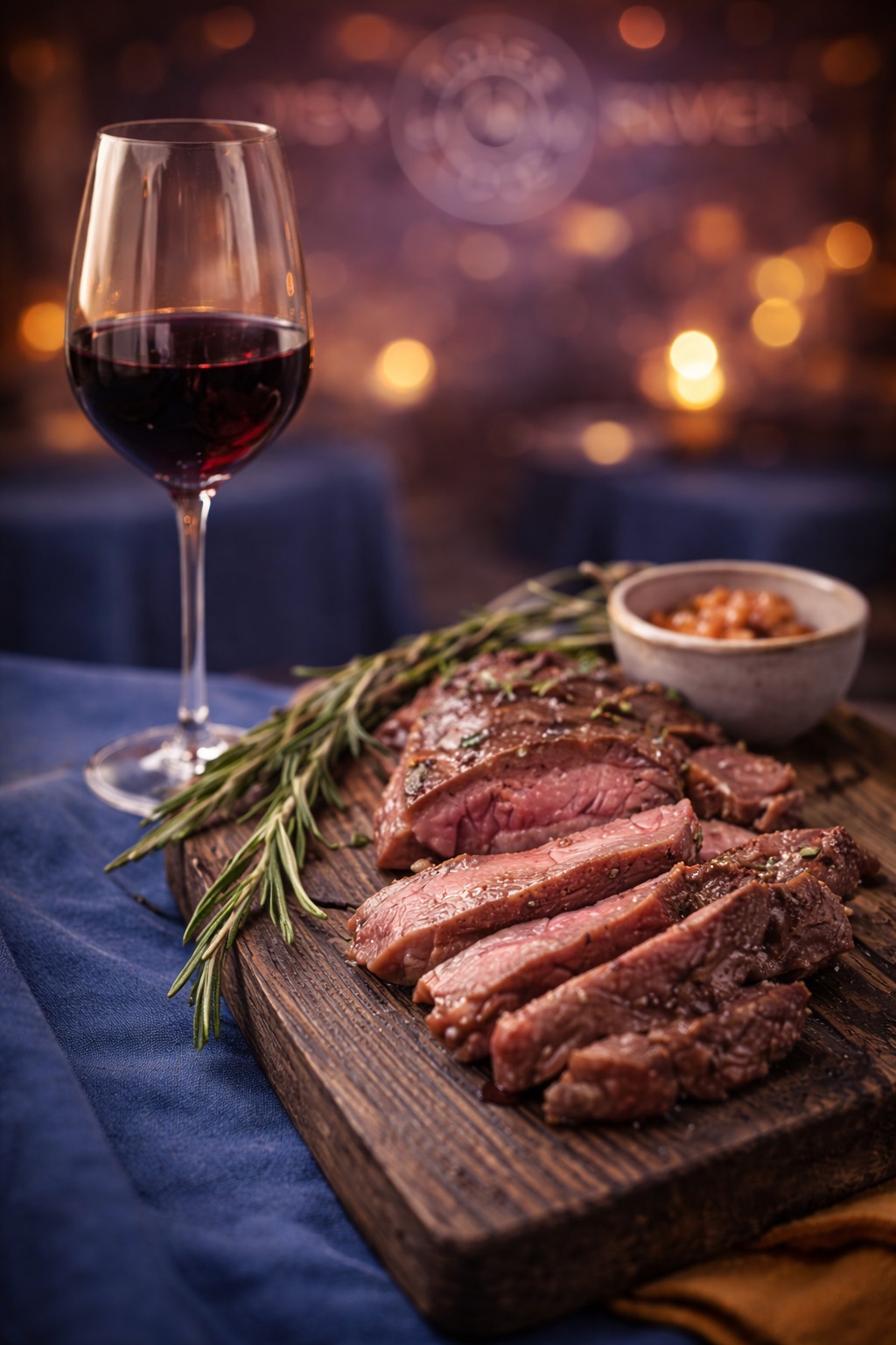 Стейк с бокалом красного вина в ресторане Noisy River с живой музыкой и вечерней атмосферой